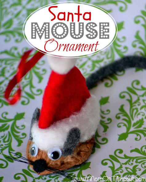 Santa Mouse Ornament. These cute little crafts are the perfect use for Diamond In-Shell Walnut shells and they look adorable on the tree! Christmas Ornament Tutorial, Walnut Shell Crafts, Santa Mouse, Mom On Timeout, Christmas Games For Kids, Mouse Crafts, Christmas Traditions Family, Christmas Kindergarten, Mouse Christmas