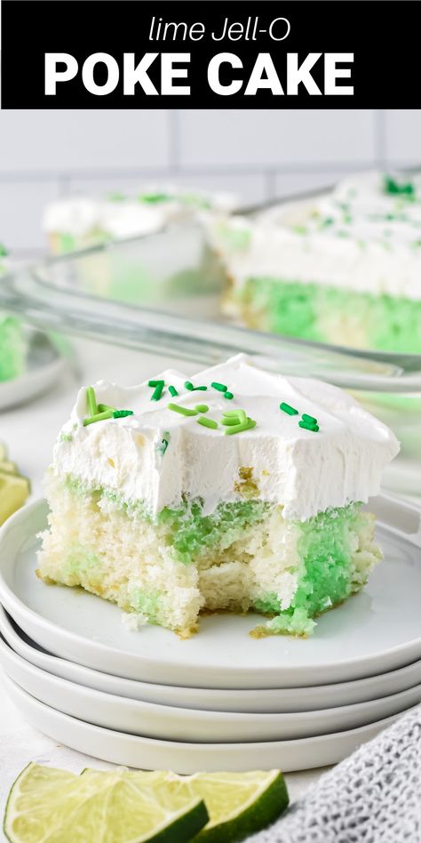 Lime Jello Poke Cake Lime Poke Cake Recipe, St Patrick’s Poke Cake, Lime Jello Poke Cake Recipe, Lime Poke Cake Jello, St Patrick’s Day Poke Cake, Lime Jello Cake Recipe, Lime Jello Recipes Desserts, Lemon Lime Poke Cake, Summer Jello Desserts