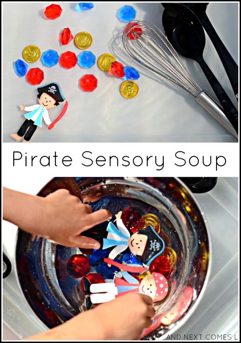 Pirate themed fine motor water sensory play for toddlers and preschoolers from And Next Comes L Pirate Sensory Bin, Koala Room, Water Sensory Play, Sensory Play For Toddlers, Pirate Play, Water Play Activities, Sensory Kids, Sensory Play Toddlers, Daycare Themes