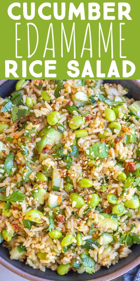 This Cucumber Edamame Rice Salad is made using flavorful and fresh ingredients.  It's filled with veggies and plant based protein, making it a great light lunch option, but I also enjoy it as a side dish.  This healthy rice salad comes together quickly and is great for weekend meal prep! This salad recipe is inspired by Asian flavors and reminds me a little of the veggie sushi rolls.  Enjoy with a spoon or with snack size seaweed sheets! #ricesalad #veganrecipe #glutenfree Healthy Rice Salad Recipes, Simple Salad Recipes For Lunch, Fiber Based Meals, Healthy Snacks To Meal Prep, Meal Prep Dishes, Sushi Rice Salad Recipe, Protein Filled Lunch Ideas, Fresh Vegetarian Meals, Eggroll Salad