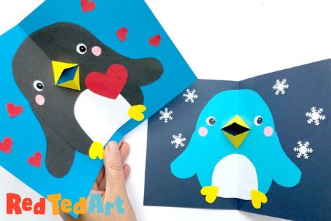 Learn how to make a Pop Up Penguin Card for Christmas or Valentine's. An easy pop up beak card that kids will love to make and give. The post Easy Pop Up Penguin Card for Christmas or Valentine’s appeared first on Red Ted Art - Make crafting with kids easy & fun. Penguin Card, 3d Christmas Cards, Card For Christmas, Red Ted Art, Tarjetas Pop Up, Penguin Crafts, Making Paper Mache, Penguin Coloring, Christmas Cards Kids