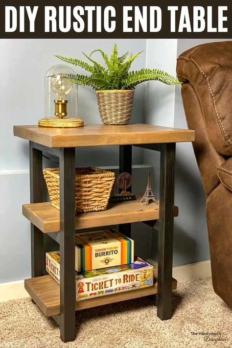 This rustic end table packs a lot of storage into a compact space! It features two shelves and a top made of reclaimed wood, and a black frame that looks like metal. It's super easy to build, and makes a great beginner woodworking project! Diy End Table, End Table Plans, Rustic End Table, Rustic End Tables, Diy End Tables, Expensive Furniture, Ideas Patio, Diy Home Furniture, Deck Furniture