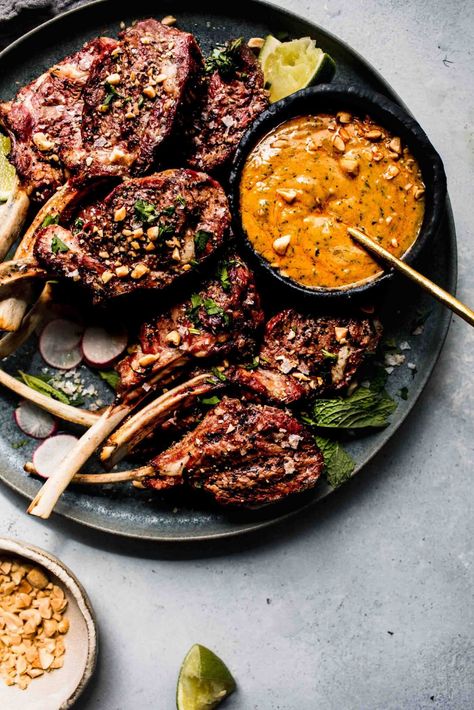 Grilled Lamb Chops with Peanut Sauce are perfect for your next BBQ. Rich, smoky grilled lamb pairs perfectly with the creamy, tangy spicy peanut sauce. It’s a delicious, quick and easy dinner. // recipe Lamb Sauce Recipes, Lamb Side Dishes, Lamb Sauce, Lamb Loin Chops, Creamy Mustard Sauce, Lamb Loin, Grilled Lamb Chops, Lamb Chop Recipes, Lamb Ribs