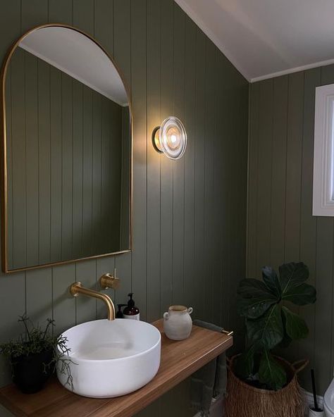 Hunter Green Powder Room, Green Color Drenched Bathroom, Green And Copper Bathroom, Half Painted Wall Bathroom, Green Powder Bath, Sage Powder Room, Shed Bathroom Ideas, Sage Green Powder Room, Green Powder Room Ideas