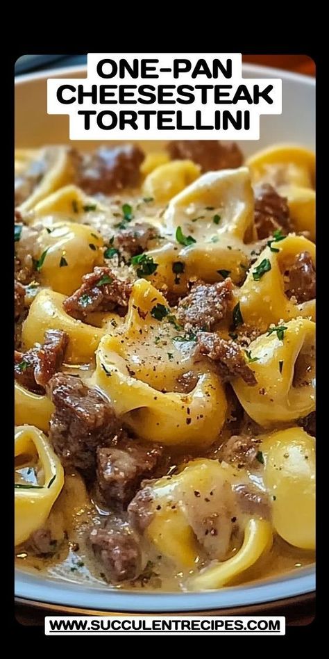 A savory twist on pasta night! Cheesesteak-inspired tortellini smothered in a rich and creamy provolone sauce. Steak And Peppers, Cheese Tortellini Recipes, Tortellini Recipe, Cheesesteak Recipe, Tortellini Bake, Tortellini Recipes, Tortellini Pasta, Indulgent Food, Fruit Tarts