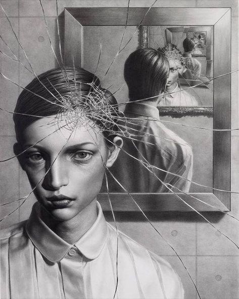 Incredible graphite drawing by @taisukemohri! . . . #beautifulbizarremagazine #contemporaryart #drawing #graphite #surrealism #figurativeart Mirror Illustration, Mirror Drawings, Reflection Art, Hand Drawn Portraits, Shattered Glass, Broken Glass, Graphite Drawings, Wow Art, Pencil Art Drawings