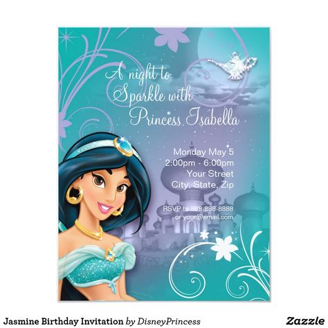 Jasmine Birthday Invitation Princess Jasmine Party, Aladdin Birthday Party, Circus Birthday Invitations, Princess Jasmine Birthday Party, Princess Jasmine Birthday, Jasmine Party, Jasmine Birthday, Disney Princess Birthday Party, Disney Birthday Party