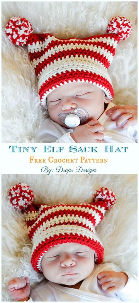 Sack Hat Crochet, Crochet Elf Hat Pattern, Sack Hat, Baby Christmas Hat, Crochet Elf Hat, Baby Elf Hat, Crochet Christmas Hats, Newborn Crochet Patterns, Crochet Baby Hat Patterns