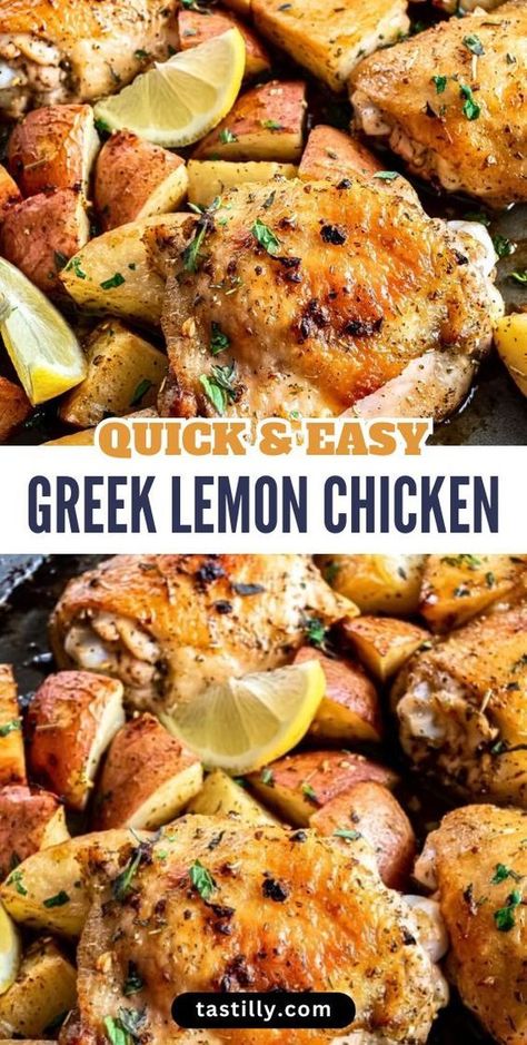 Zesty, herby, and easy to prepare, this Greek Lemon Chicken will be a family favorite! With just 10 minutes of prep time, this dish is marinated in lemon juice, olive oil, garlic, and herbs, then roasted with potatoes for a complete meal. Perfect for busy weeknights or meal prep. Try it today! #GreekLemonChicken #EasyDinners #OnePanMeals #LemonChicken #QuickRecipes Greek Chicken Drumstick Recipes, Easy Greek Lemon Chicken, Garlic Lemon Herb Mediterranean Chicken, Lemony Chicken And Potatoes, Lemon Garlic Chicken And Potatoes, Greek Lemon Chicken Thighs, Grilled Chicken And Potatoes Recipes, Lemon Chicken Sheet Pan Dinner, Lemon Roasted Chicken And Potatoes