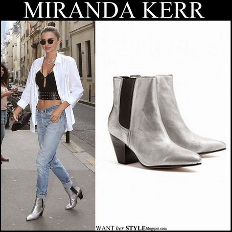 Miranda Kerr in silver ankle boots with round sunglasses #mirandakerr #model #fashion #style #outfit #silver #boots #chic Looks With Silver Boots, Western Ankle Boots Metallic, Silver Chelsea Boots Outfit, Silver Boot Outfit, Silver Ankle Boots Outfit, Silver Western Boots Outfit, Silver Booties Outfit, Metallic Cowboy Boots Outfit, Silver Cowboy Boots Outfit