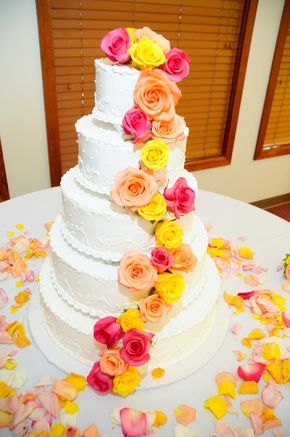 coral, yellow, and pink for my wedding (: wedding-ideas Pink Yellow Weddings, Flower Waterfall, Finally Engaged, Planet Cake, Cake White, Pink Wedding Cake, Flowers Cake, Flower Colors, Simple Cake