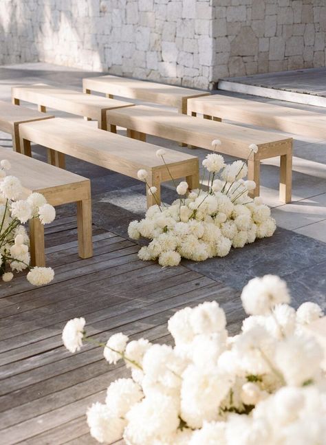 Wedding Benches Seating Decoration, Modern Aisle Decor, Bench For Wedding Ceremony, Wedding Ceremony With Benches, White Aisle Flowers Wedding, Bench Ceremony Seating, Benches Wedding Ceremony, Wedding Seating Ceremony Outdoor, Modern Outdoor Wedding Ceremony