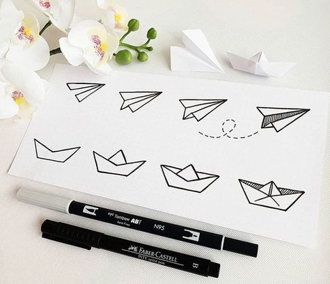 How to doodle a paper airplane and boat 🖊📒 . (how many of these did you make in school rather than doing any actual work? 😂) .… Trin For Trin Tegning, How To Doodle, Bullet Journal Headers, Doodle Art Journals, Seni Dan Kraf, Easy Origami, Bullet Journal Mood, Bullet Journal Aesthetic, Bullet Journal Writing