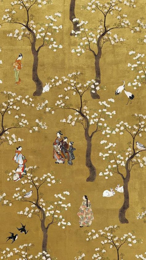 East Asia Aesthetic, Traditional Japanese Wallpaper, Japanese Pattern Wallpaper, Sakura Painting, Rabbit Vintage, Japanese Wallpaper, Nail Aesthetic, Japanese Screen, Japanese Crane