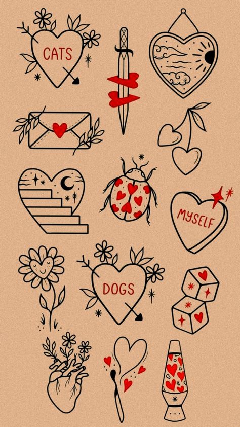 February Flash Tattoo, Self Love Traditional Tattoo, Paper Rings Tattoo, Heart Glasses Tattoo, Tarot Card Tattoo Minimalist, Cute Patchwork Tattoo, Valentines Tattoo Flash, Heart Flash Tattoo, Drawing To Practice