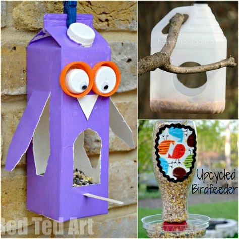 3 bird feeders to make with recycled materials Make A Bird Feeder, Homemade Bird Houses, Bird Houses Ideas Diy, Homemade Bird Feeders, Bird House Kits, Diy Bird Feeder, Different Ideas, Diy Birds, Recycled Projects