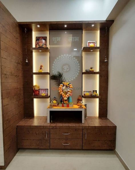 Pooja Room Simple Designs, Pooja Room Indian Traditional, Simple Mandir Design Puja Room, Big Pooja Room Design, Contemporary Pooja Room Designs, Mandir Simple Design, House Interior Pooja Room, Home Mandir Designs Puja Room Simple, Puja Room Cupboard Design