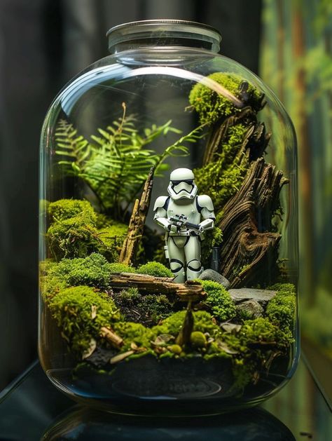 Terrarium Ideas Unique Fairy, Geek Terrarium, Harry Potter Terrarium, Rock Collection Display Ideas, Lego Terrarium, Fairy Terrarium Ideas, Terrarium Lighting, Star Wars Garden, Resin Crafts Ideas