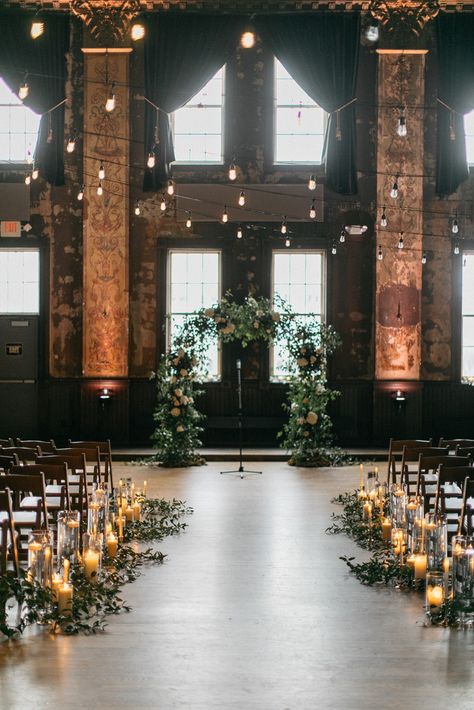 Moody Indoor Wedding Ceremony, Wedding Alter Floor Decor, Ceremony Venue Ideas, Dark Wedding Ceremony Aesthetic, Indoor Alter Ideas, Wedding In Old Building, Urban Wedding Ceremony, Smilax Arch, Church Wedding Venue Ideas