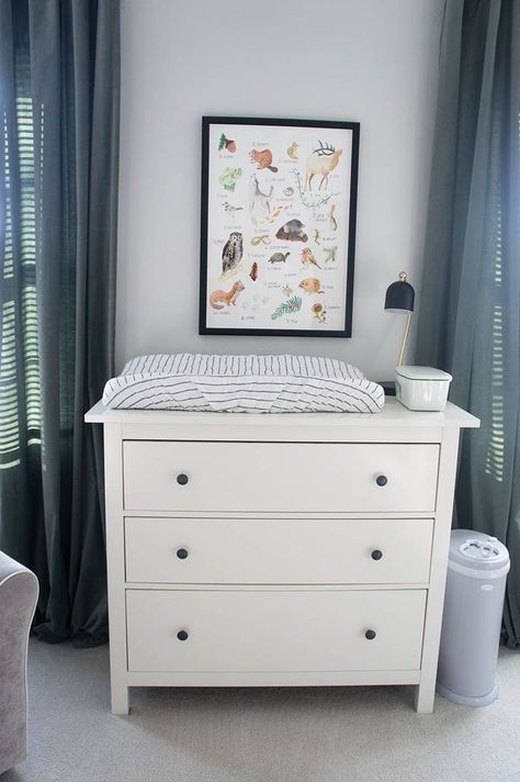 Charlie's Black and White Woodland Nursery - The Humble Nest Ikea Hemnes dresser as a changing table in baby boy's room. Woodland alphabet poster. Organization Nursery, Modern Nurseries, Girl Nurseries, Ikea Baby, Woodland Alphabet, Ikea Hemnes Dresser, Hemnes Dresser, Bedding Modern, Ikea Nursery