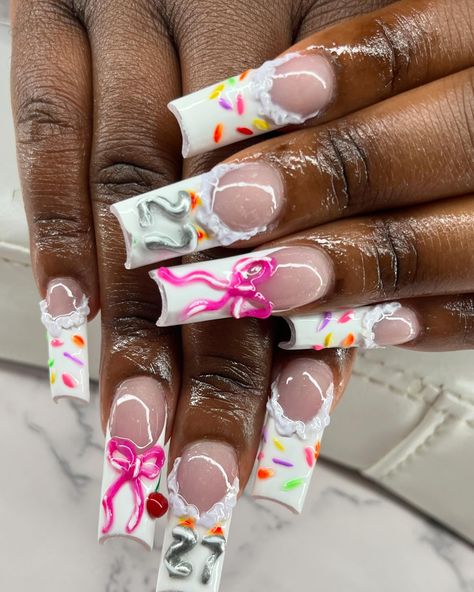 Had to turn my girl up for her birthday 😍😍���😍 and I made all the 3d art with ACRYLIC 💪🏾 . . Want this look? Book under “Art set” and add tier 3 and make it XXTRA . . Austin nail tech, atx nails, Austin nails, nails of instagram, nail art, art nails, birthday nails, cake nails Birthday Candle Nails, Birthday Nails 22, Disney Birthday Nails, Medium Birthday Nails, 24th Birthday Nails, Austin Nails, Cute Birthday Nail Ideas, Birthday Nails 12, Candle Nails