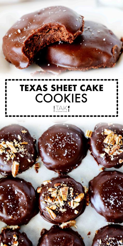 This recipe for homemade Texas Sheet Cake Cookies is everything you know and love about that deeply chocolate, seriously fudgy Lone Star cake -- only now it's in handheld form. This chocolate cookie bakes up soft, thick, and chewy, with a cake-like texture, and comes iced with fudgy sheet cake icing! Sprinkle the top with a pinch of Kosher salt or few chopped pecans. It’s a chocolate dessert perfect for potluck BBQs, holiday parties, or holiday giving! Sheet Cake Icing, Sheet Cake Cookies, Texas Sheet Cake Cookies, Fudgy Cake, Star Cake, Texas Sheet, Party Food Dessert, Texas Sheet Cake, Chocolate Sheet Cake