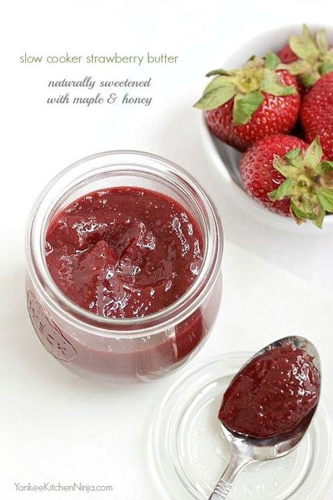 Guilt-free slow cooker strawberry butter, sweetened naturally with maple and honey | YankeeKitchenNinja.com Crockpot Strawberry Butter, Crockpot Fruit Butter Recipes, Strawberry Butter Recipe, Diy Canning, Fruit Butters, Fruit Butter, Strawberry Butter, Butter Crock, Sweet Butter