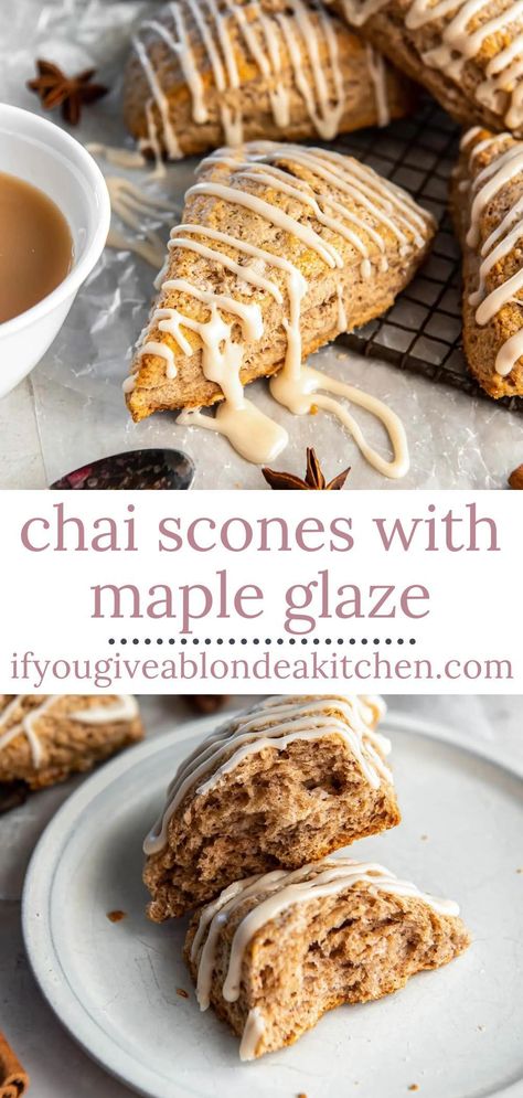 Looking for a sweet cozy breakfast pastry recipe? Give these Chai Scones with Maple Glaze a try! They are perfectly flaky and tender and easy to make from scratch. Make them this fall and winter! Maple Chai Scones, Vanilla Chai Scones, Chai Tea Scones, Maple Glaze For Scones, Sweet Fall Breakfast Ideas, Bake For Breakfast, Chai Scones With Maple Glaze, Fall Breakfast Baked Goods, London Fog Scones