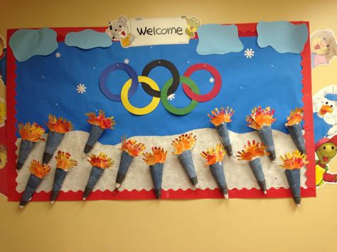 Olympic Bulletin Board Ideas, Olympic Bulletin Board, Summer Olympics Crafts, Vbs Olympics, Winter Olympics Activities, Olympics Decorations, Olympic Theme Party, Olympic Games For Kids, Olympic Idea