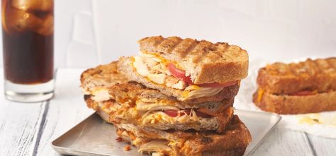 Rotisserie chicken panini Recipe - Walmart.com Lunchtime Meals, Panini Recipes Chicken, Panini Recipe, Shredded Rotisserie Chicken, Chicken Panini, Rotisserie Chicken Salad, Panini Recipes, Honey Mustard Dressing, Melty Cheese