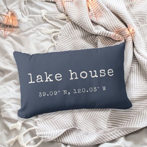 Lake House Custom Coordinates Throw Pillow Typewriter Lettering, Custom Housewarming Gift, Navy Blue Pillows, Cadeau Parents, Rose Pillow, New Homeowner Gift, Vintage Typewriter, Blue Pillow, Lumbar Pillows