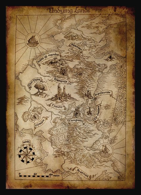 Map of Aman   Aman, the Blessed Realm, was a continent that lay to the west of Middle-earth, across the great ocean Belegaer. It was the home of the Valar, and three kindreds of Elves: the Vanyar, some of the Noldor, and some of the Teleri. The island of Tol Eressëa was located just off the eastern shore Valinor Map, Tol Eressea, One Piece Map, Tolkien Map, Fantasy Map Making, Middle Earth Map, Dnd World Map, Fantasy World Map, Tolkien Art