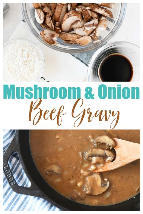 Irresistible Mushroom Onion Gravy Recipe - If you're looking for the best brown gravy recipe, you need to try this Mushroom Onion Gravy that's loaded with comforting, homestyle flavor. It's perfect for amplifying the flavor of Salisbury Steak, Steak Tips, or mashed potatoes. Believe me when I tell you, this gravy is truly irresistible! #beefgravy #mushroomgravy #mushroomandoniongravy #gravy #beefbroth via @sizzlingeats Mushroom Onion Gravy Recipe, Mushroom Brown Gravy Recipe, Mushroom Gravy For Steak, Best Brown Gravy Recipe, Salisbury Meatballs, Mushroom Onion Gravy, Brown Gravy Recipe Easy, Onion Gravy Recipe, Brown Gravy Recipe