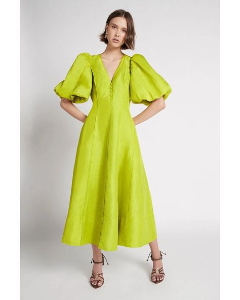 Linen Wedding Guest Outfit, Aesop Aesthetic, Summer Cruise, Puff Sleeve Midi Dress, Chartreuse Green, Midi Dress Style, Puff Sleeve Dress, Puffed Sleeves Dress, Sleeve Midi Dress