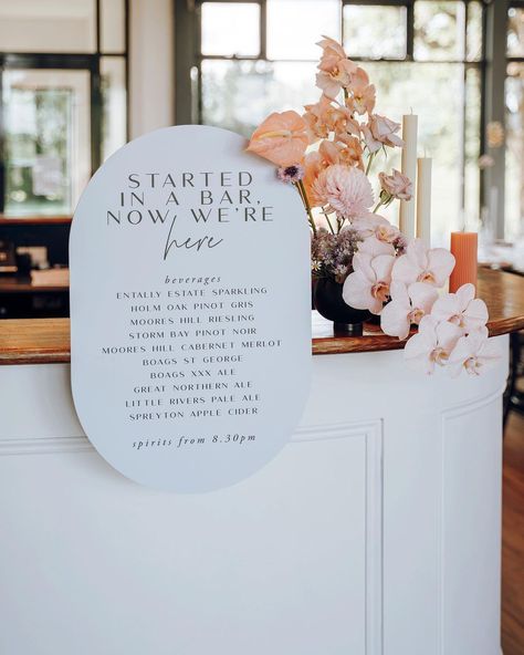 Wedding Stationery & Signage on Instagram: "Started in a bar, now we’re here 🤍💕 I adore this large bar sign for Hannah and Matt. Definitely a statement (but hugely useful piece of…" Signage Photography, Wedding Bar Menu Sign, Bar Signage, Large Bar, Large Floral Arrangements, Bar Menu Wedding, Bespoke Wedding Stationery, Tasmania Australia, Name Place Cards