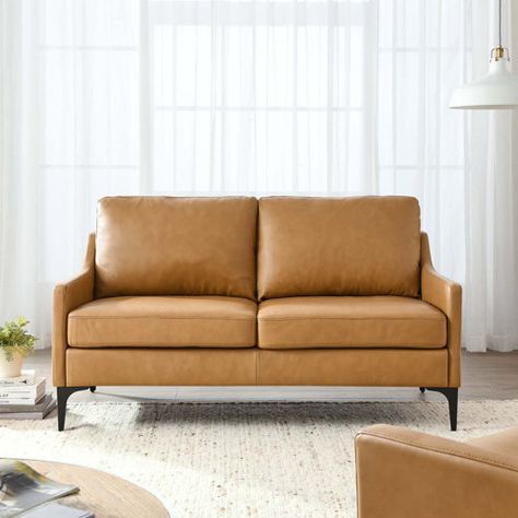 Corrigan Studio® Impart Genuine Leather Loveseat In Tan | Wayfair Living Room Loveseat, Mid Century Modern Loveseat, Living Room Family, Rising Above, Plywood Frame, Reclining Loveseat, Modern Loveseat, Couch And Loveseat, Large Chair