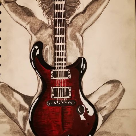 Pencil sketch with guitar picked out in acrylics Guitar Sketch, Guitar Drawing, Charcoal Drawing, Pencil Sketch, Guitar Pick, Girl Drawing, Art Sketches, Lady In Red, Sketch Book