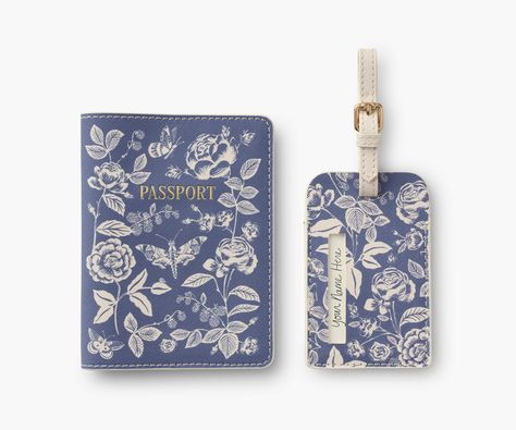 Rifle Paper Co.'s Passport Holder & Luggage Tag Set in English Rose design. Boy Candle, Foil Stamp, Fawn Design, English Rose, Travel Jewelry Case, English Roses, Stationery Items, Metallic Foil, Passport Cover