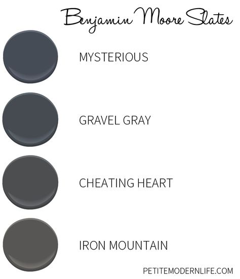 Favorite Benjamin Moore Slate colors. Benjamin Moore Mysterious, Black Paint Color, Gray Paint, Paint Colors Benjamin Moore, Benjamin Moore Colors, Benjamin Moore Paint, Paint Color Palettes, Kitchen Cabinet Colors, Interior Paint Colors