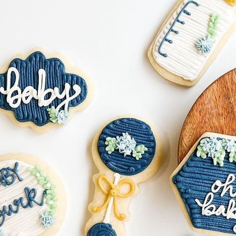 Buttercream Cookie Co. on Instagram: "So many baby shower celebrations so far this year, and I am here for it! Dark blue, with greenery, & hydrangeas 😍 really enjoyed making these! Congratulations to mama to be!! #homemadeyum #celebratinglifewithcookies #shoplocalbakersfield #flavoredbuttercreamcookies #eatcookiesforbreakfast #bcookiecofriends #bakersfieldcookies #buttercreamcookieco" Buttercream Baby Shower Cookies, Sugar Cookie Buttercream Frosting, Navy Baby Showers, Baby Boy Cookies, Brownie Pops, Flavored Butter, Shower Cookies, Cookie Decorating Ideas, Baby Cookies