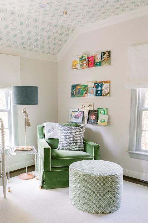 Lovely white and green nursery features a stunning emerald green velvet glider paired with a round white and green ottoman placed on a light-colored rug. Amanda Simmons, Transitional Nursery, Green Nursery Boy, Pink Nursery Walls, Nursery Glider, Kid Rooms, Green Nursery, Kids Room Inspiration, Blue Nursery