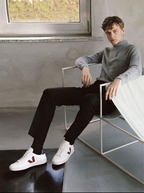 Veja Shoes Outfit, Veja Esplar, Sneakers Outfit Men, Veja Shoes, Soft Tailoring, White High Tops, Veja Sneakers, Shoes Outfit, Yellow Sweatshirt