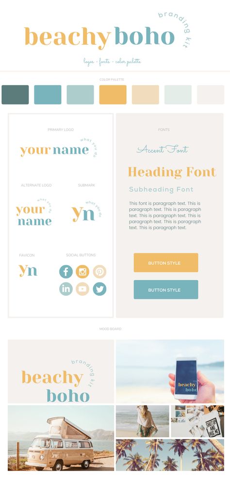 Brand your business the easy way with branding color palette pack of Canva Templates for virtual assistants. You get beachy boho web design inspiration and boho inspired website branding mood boards. Grab your Canva templates and get your small business branding up and running from Carissa Erickson Web Design. Branding Guide Template, Beachy Branding Design, Brand Kit Ideas, Brand Identity Presentation, Canva Branding Kit, Branding Kit Templates, Website Branding Design, Brand Identity Kit, Branding Mood Board Inspiration