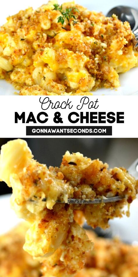 Crock Pot Mac and Cheese on a plate Mac Cheese In Crock Pot, Crock Pot Recipes Mac And Cheese, Crockpot Meals Mac And Cheese, Max And Cheese Recipes Crockpot, Football Mac And Cheese, Crockpot Mac And Cheese With Panko Crumbs, Crock Pot Mac And Cheese With Bread Crumbs, 5 Cheese Mac And Cheese Crock Pots, Crockpot Mac And Cheese Recipe With Breadcrumbs