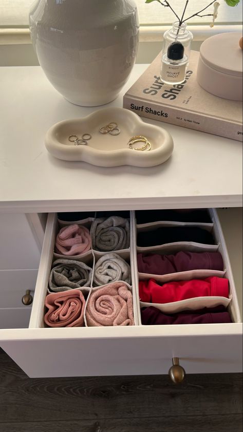 Self Care Drawer Organization, Organized Drawers Aesthetic, Drawer Organization Aesthetic, Dresser Organization Top Of, Top Of Dresser Organization, Aesthetic Dresser Decor, Organizing Dresser Drawers, Nightstand Organization Ideas, Bedroom Drawer Organization