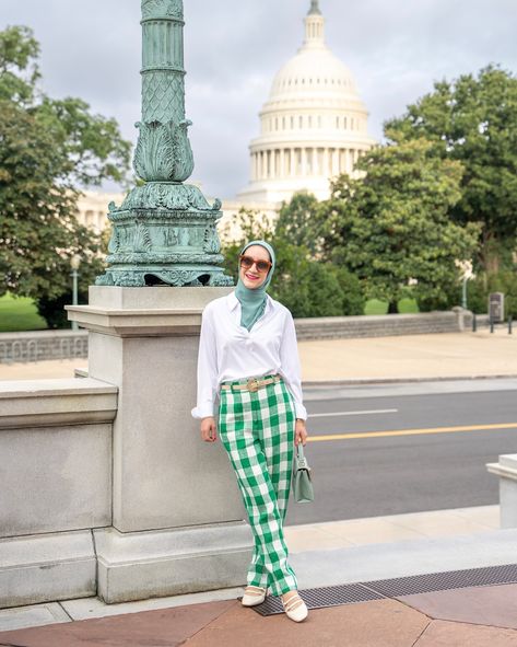 Gingham Style 💚🌿 Outfit Details: Top @spanx Pants @boden_clothing Scarf @hautehijab Belt @sezane Shoes @sezane Bag @furla Sunnies @krewe #ootd #igdc #dcblogger #modestfashion #hijabstyle Sezane Bag, Sezane Shoes, Boden Clothing, Gingham Fashion, Outfit Details, Hijab Fashion, Modest Fashion, Gingham, Sunnies