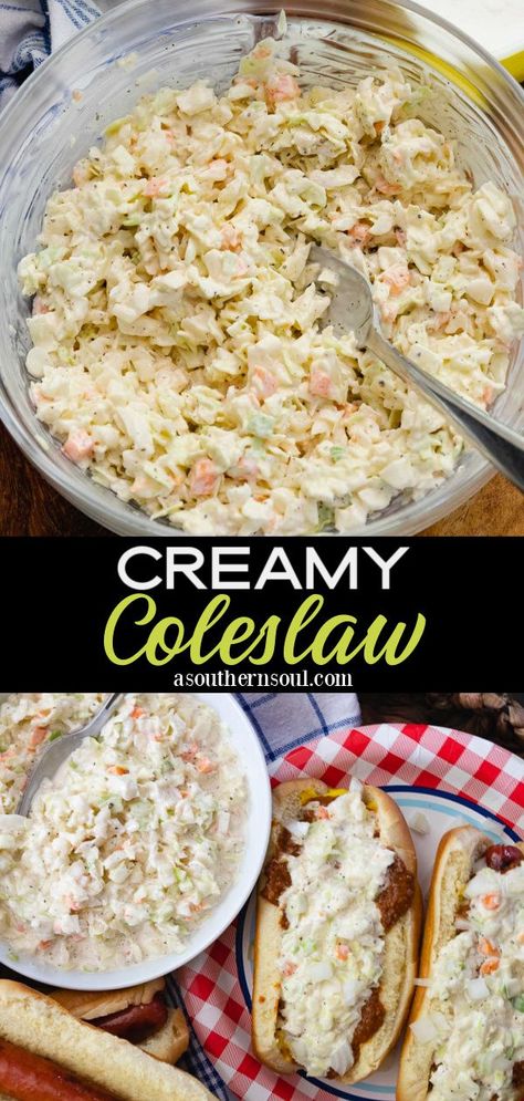 Extra creamy with a healthy crunch, this coleslaw recipe is the perfect side dish for any cookout, summer lunch, or dinner. Creamy Coleslaw also makes a terrific topping for hot dogs and hamburgers! Grandma's Coleslaw Recipe, Bob Evans Coleslaw Recipe, Coke Slaw Mix Recipes, Best Creamy Coleslaw Recipe, Sweet Creamy Coleslaw, Mayo Slaw Coleslaw Recipes, Creamy Southern Coleslaw Recipe, Creamy Cole Slaw Dressing Recipe, Coleslaw Dressing With Sour Cream