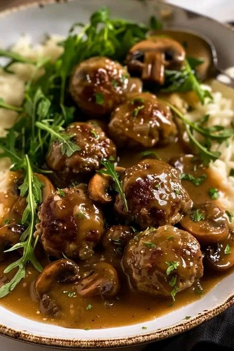 Crockpot Recipes And Tips! | The Ultimate Salisbury Steak Meatballs with Mushroom Gravy 🍄🍖 | Facebook Meatballs In Crockpot, Meatballs With Mushroom Gravy, Salisbury Steak Meatballs, Gravy Ingredients, Mushroom Gravy, Salisbury Steak, Salisbury, 1 Egg, Bread Crumbs