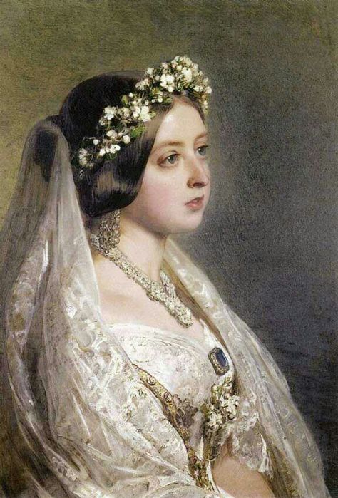 Wedding Day. Queen Victoria in a beautiful ivory and gold wedding dress, with a flower crown and a lace veil. Flowers In Her Hair, A Wedding Dress, Queen Victoria, Her Hair, Tiara, Veil, A Wedding, A Woman, Queen