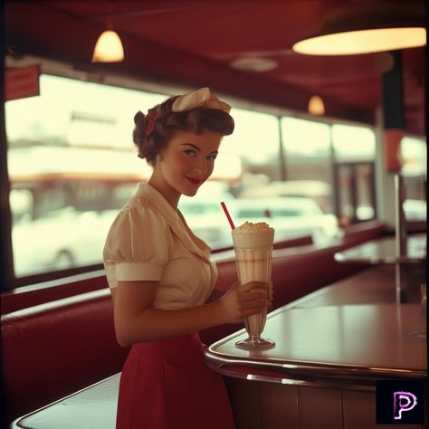 Step into the nostalgic era of the 1950s with our analog-style diner waitress! 🍦🎶   What can you create today?   #AI #Art #PicassoAIArt #Nostalgia #1950s 80s Waitress Outfit, 60s Diner Outfit, American Diner Photoshoot, Old Diner Photoshoot, 1950s Diner Waitress, 1950s Diner Aesthetic, 1940s Diner, Retro Diner Photoshoot, 50s Waitress